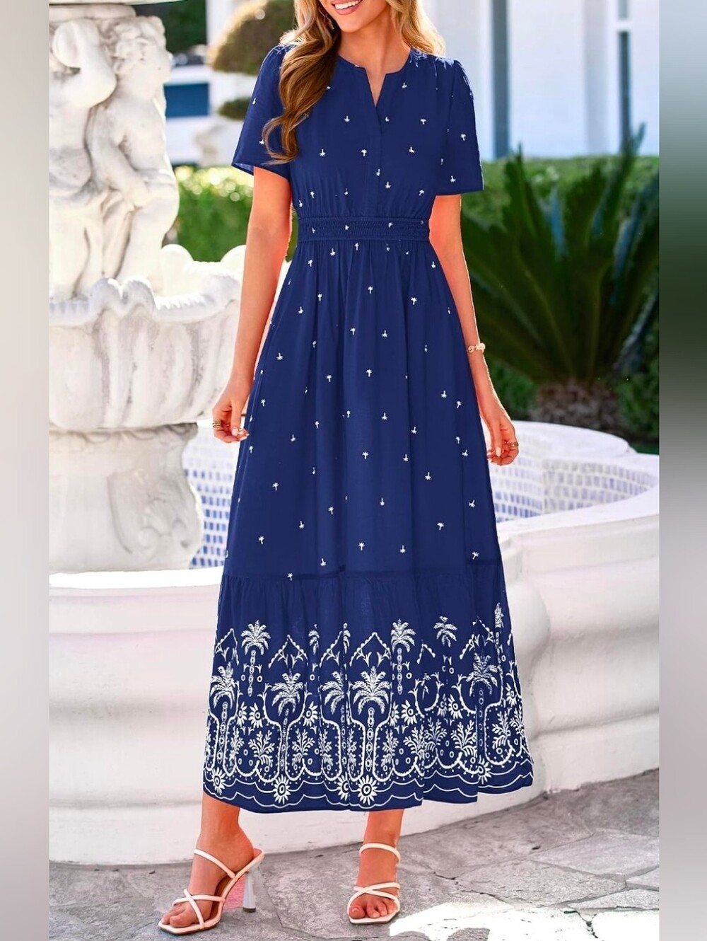 BTFBM Navy Smocked Waist Boho Maxi Dress NWT Palm Tree Embroidery Large